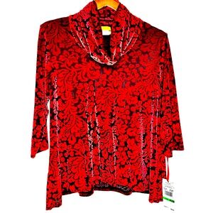 NWT Velvet Burnout Top Red Black Semi Sheer Cowl Neck Women's Sz PL by Ruby Rd.‎